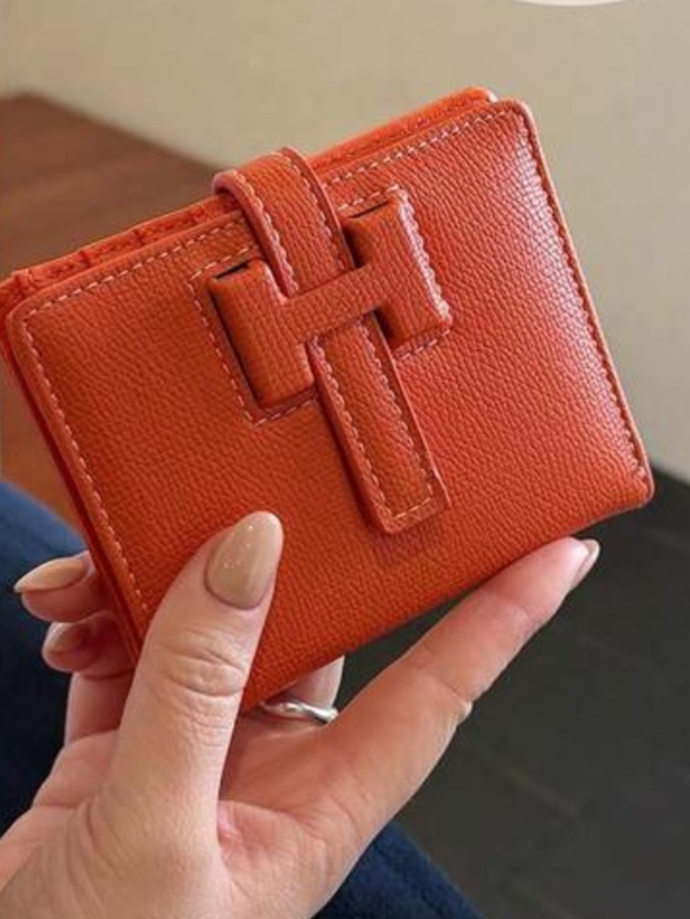 Orange Compact Leather H Wallet - Women's Small Fold Wallet